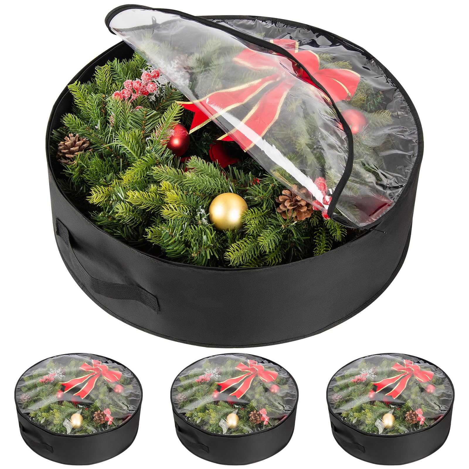 Weihnachtskranz-Aufbewahrungstaschen mit transparentem Fenster, wasserdicht, schwarz, PE/PVC, Urlaubsdekor, Organizer für Girlande, Ornamente, Reißverschluss und Griff (61 x 20 cm)