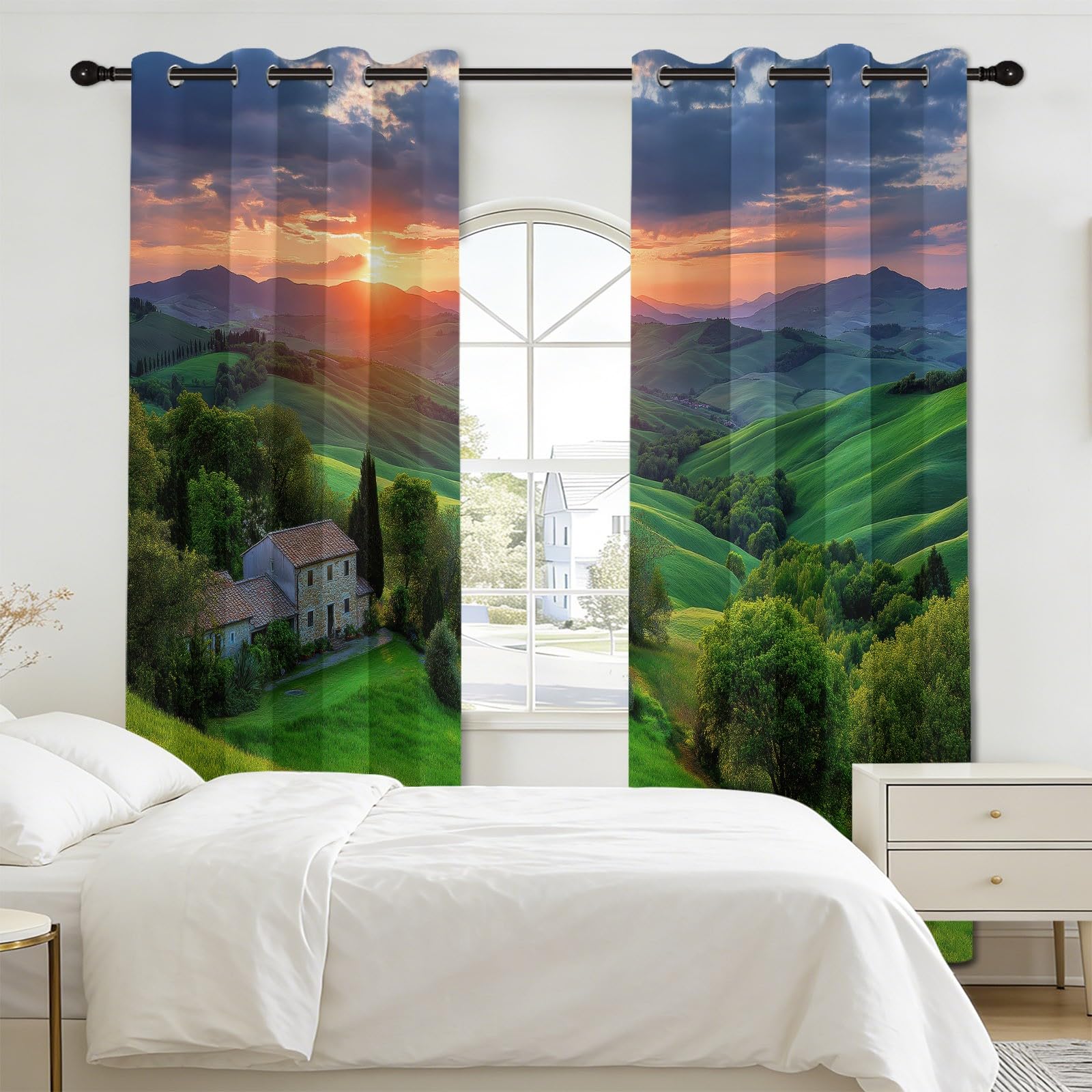 Zasłony zaciemniające Fotografia wiejska 117 l x 230 cm, łąka wiejska z motywem wiejskiego słońca, dekoracja okienna salonu i sypialni, izolacja termiczna, 2 panele