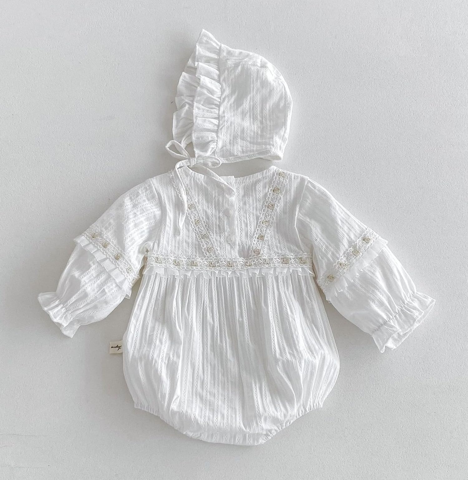 Symunnia Baby Girl Fall Clothes Outfits Cute Long Sleeve Ruffles Embroidered Bubble Romper Lapel Jumpsuit Bodysuit with Hat 2PCS(3-6months,White#1)