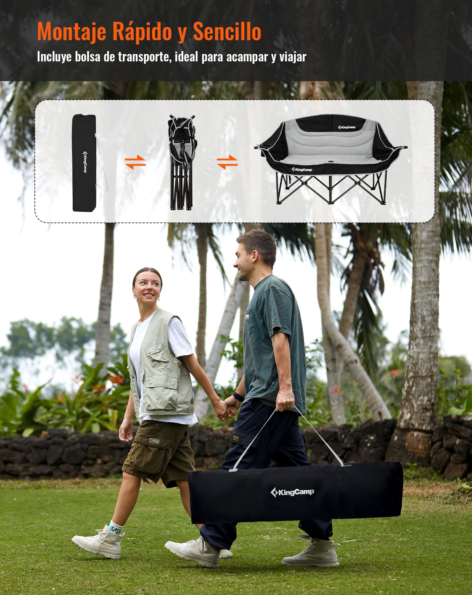 KingCamp Silla de Camping Plegable para 2 Personas, Carga MAX 300 kg, Sofá Portátil de 2 Plazas para Adultos con Reposabrazos, Acolchado Silla Plegable para Camping Jardín Picnic Balcón, Negro/Gris