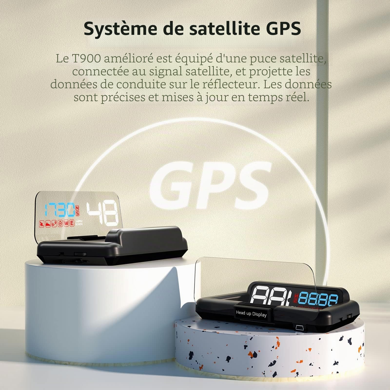 GPS compteur de vitesse, miroir réfléchissant affichage tête haute de la voiture, affichage de la vitesse et de l'heure, adapté à toutes les voitures.