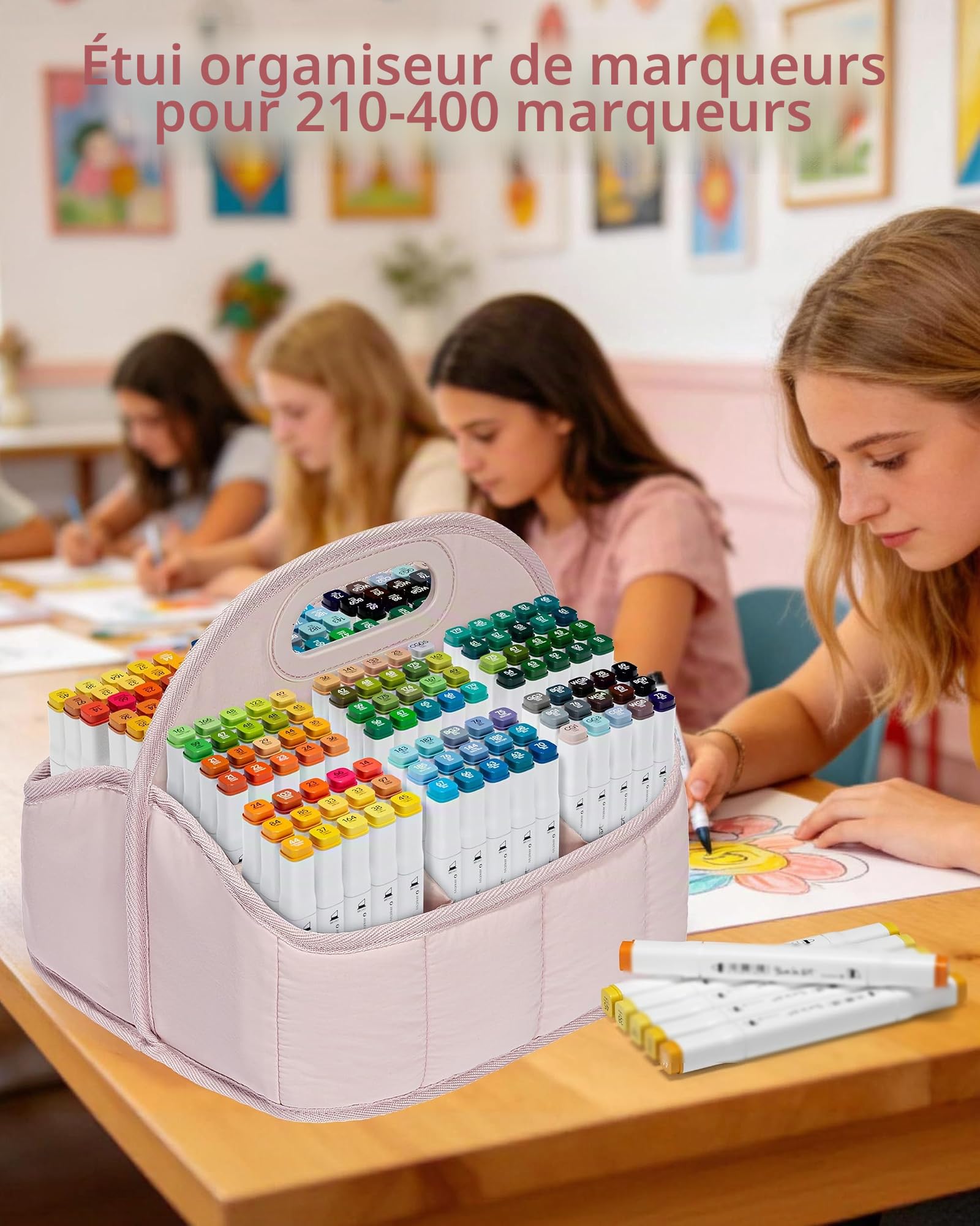 Rexmica Grand Organiseur pour 210 à 400 Marqueurs, Étui de Rangement pour Adultes, Sac de Rangement pour Feutre à Alcool, Cosmétiques, Couture et Matériel de Loisirs Créatifs, Rose (Sac Uniquement)