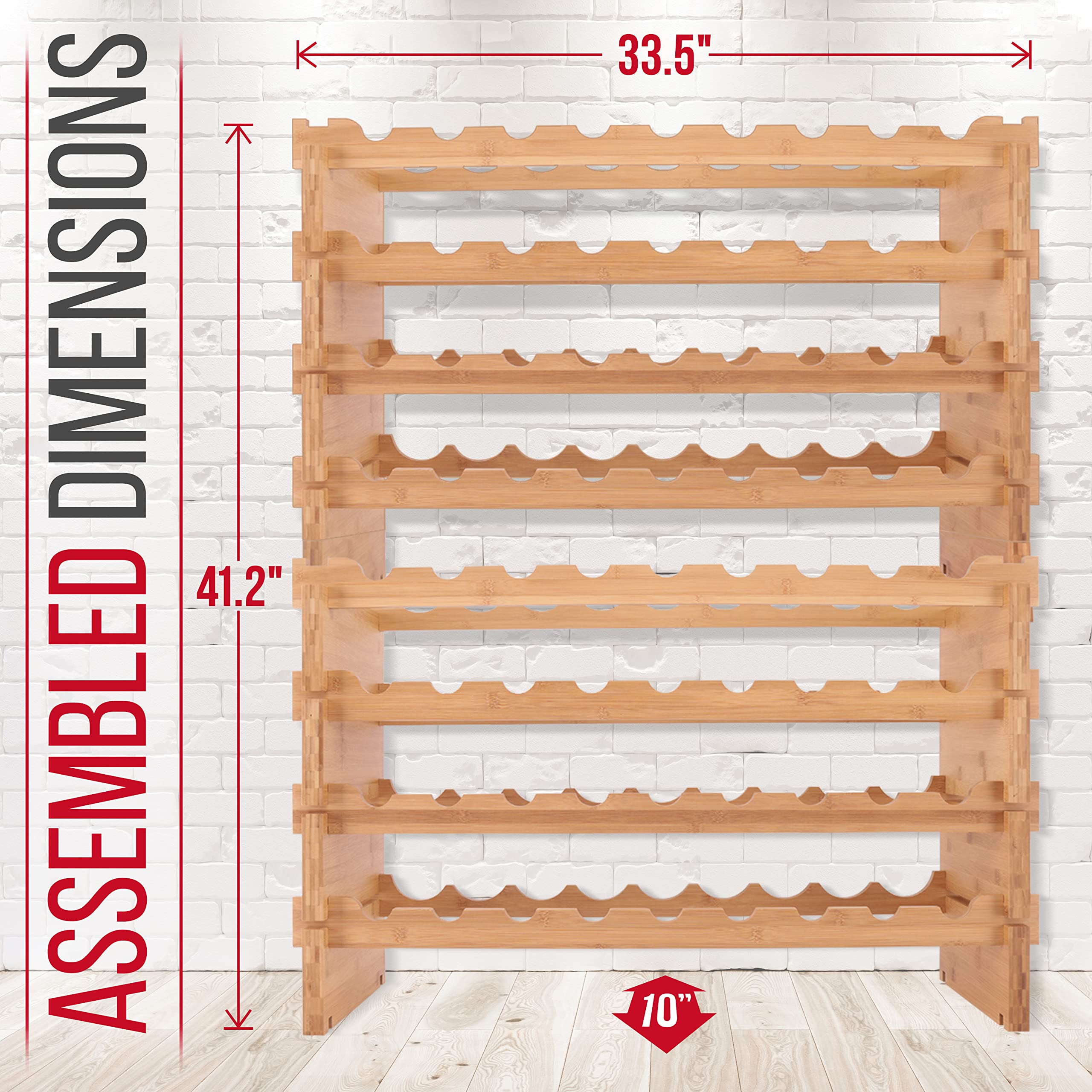 SereneLife 72 Bottle Stackable Wine Rack, 33.5" x 10" x 42" 8-Tier Large Floor Freestanding Modular Storage Display Shelf Natural Bamboo Wood Construction for Kitchen and Cellar, Brown