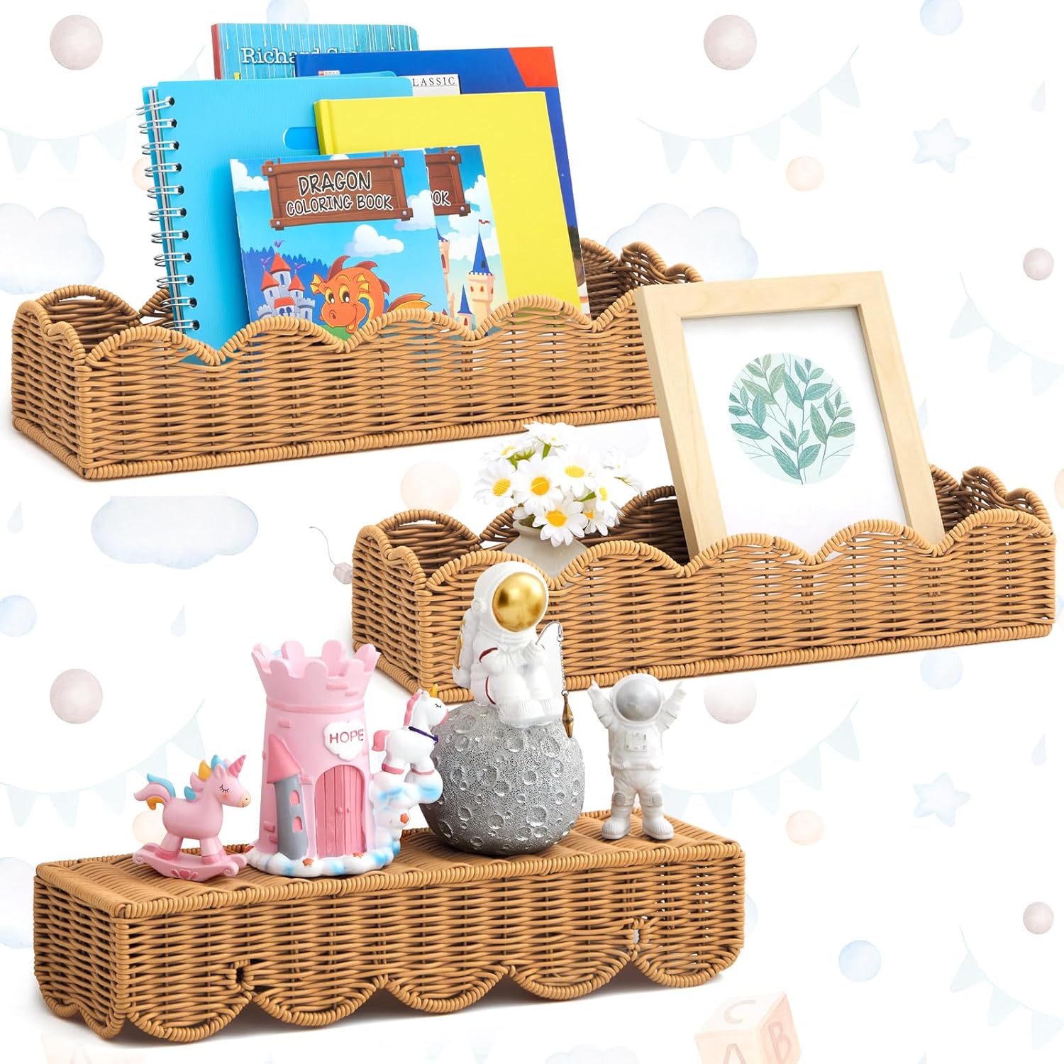 Pinkunn 3 Set Nursery Book Shelves Scalloped Rattan Wall Shelf 15.8 x 3.2 Inch Wall Mounted Plastic Floating Book Shelve, Hanging Boho Wicker Woven Shelf for Nursery Decor and Storage (Natural Wood) 3 Natural Wood