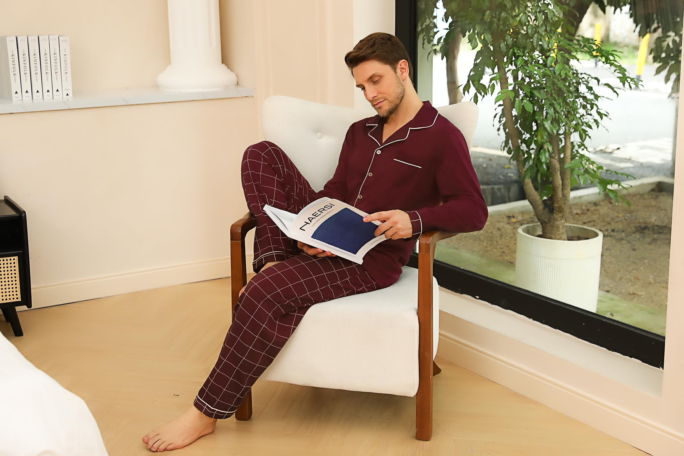 Bresdk Pigiama Uomo Cotone Lungo Invernale Manica Lunga con Bottoni Pigiami Due Pezzi Classico Aperto Davanti Caldo e Morbido