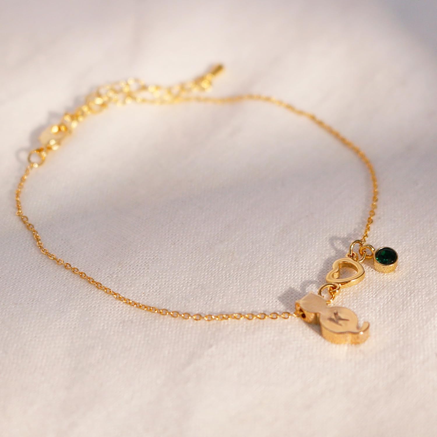 Cute Cat Anklets with Initial Birthstone Heart Cat Design Adjustable Anklet Bracelets Perfect jewelry for Cat Lovers