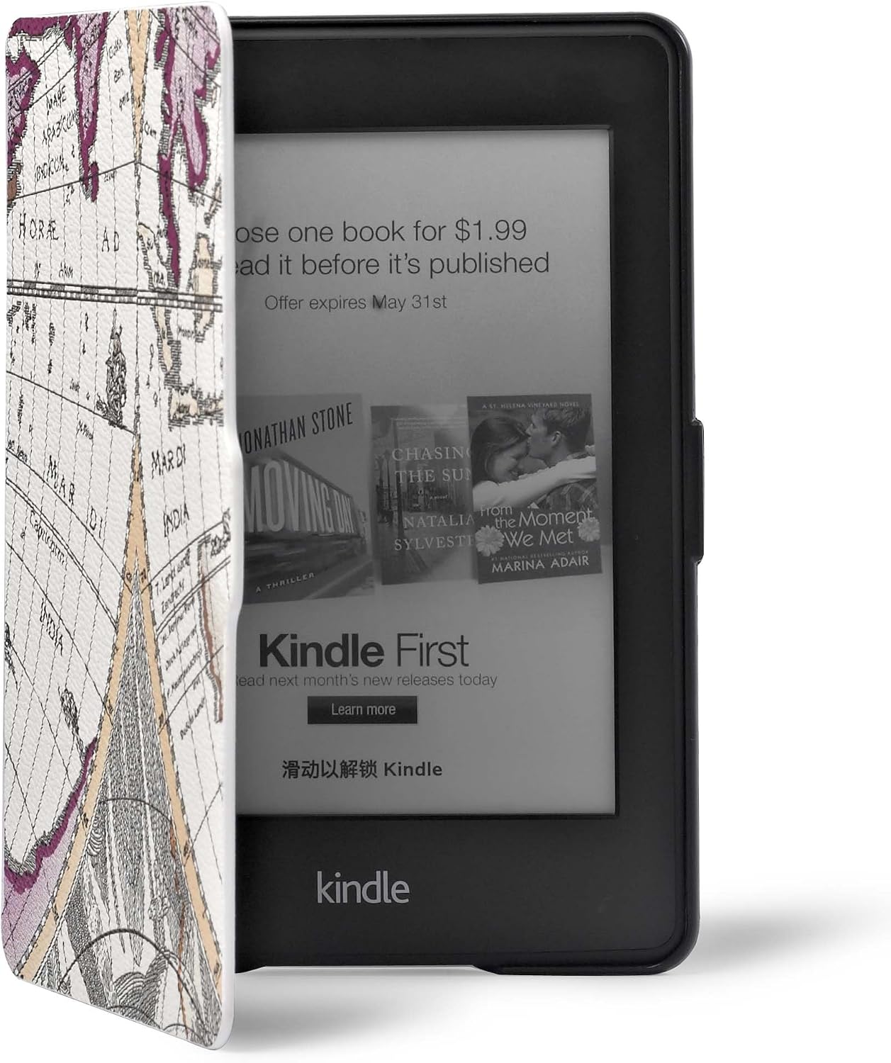 OMOTON Kindle Paperwhite Case Cover - The Thinnest Lightest PU Leather Smart Cover Kindle Paperwhite fits all Paperwhite generations prior to 2018 (Will not fit All new Paperwhite 10th G),Rose Red Map