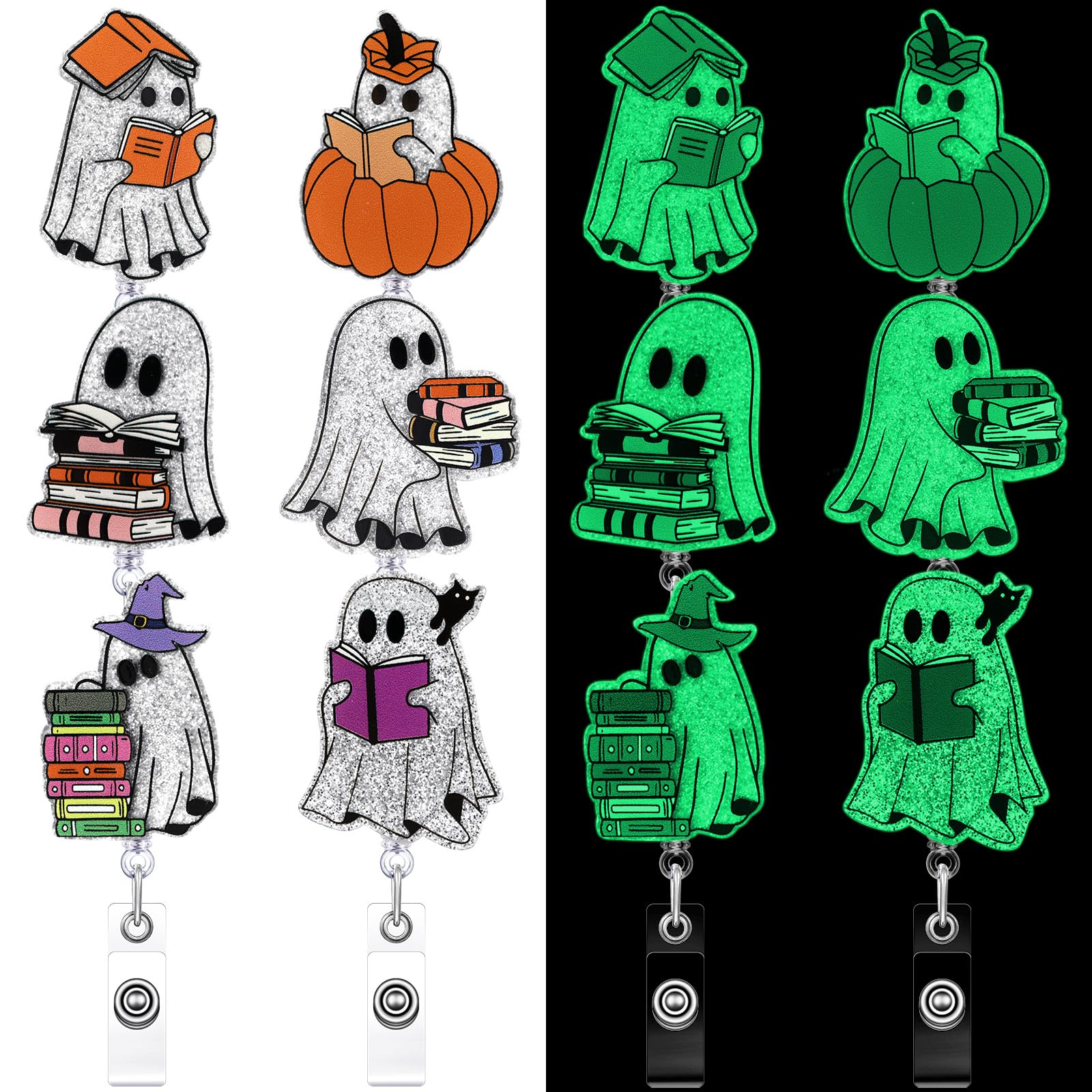 Geyoga 6 Pcs Halloween Badge Reels Bookish Ghost Glow in The Dark Funny Reading Spooky Badge Holder Glitter Retractable ID Tag Reel with Alligator Clip Gifts for Halloween Holiday Office Favors
