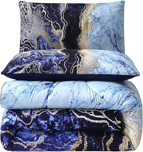 Miniatura 4 de AO AOAOWAY - Juego de edredón de mármol azul tamaño queen, 3 piezas (1 edredón + 2 fundas de almohada), diseño de acuarela de lava volcánica,