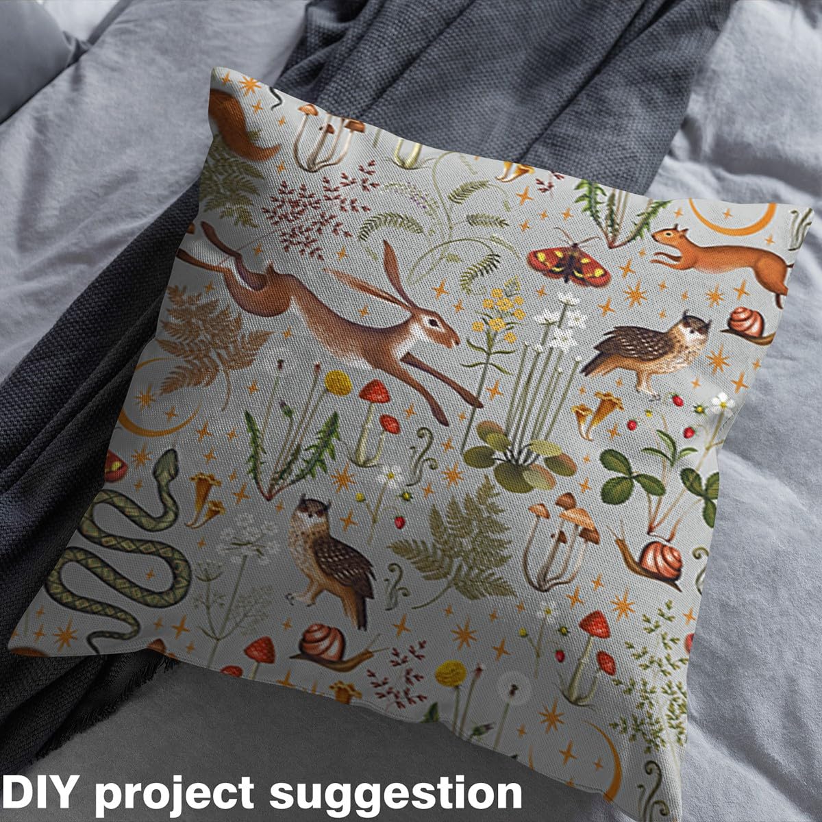 Cute Rabbit Owl Fabric by The Yard Watercolor Green Leaves Red Mushroom Fabric for Kids Sewing Supplies Wild Animals Rustic Jungle Style Fabric for Room Decor and DIY Upholstery 1 Yard - Image 3