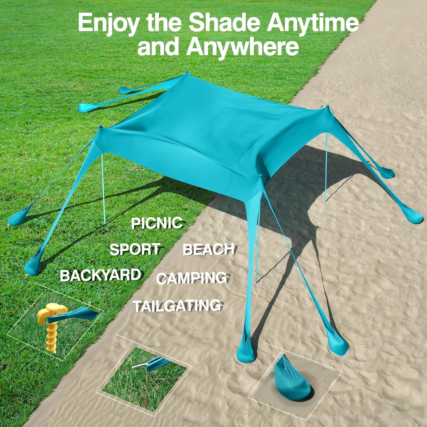 Rhino Valley Beach Tent Shade Canopy UPF50+ Protection, 8 Sandbags, 4 Stability Poles, Outdoor Sun Shelter Umbrella for Sand, Camping, Fishing Essentials