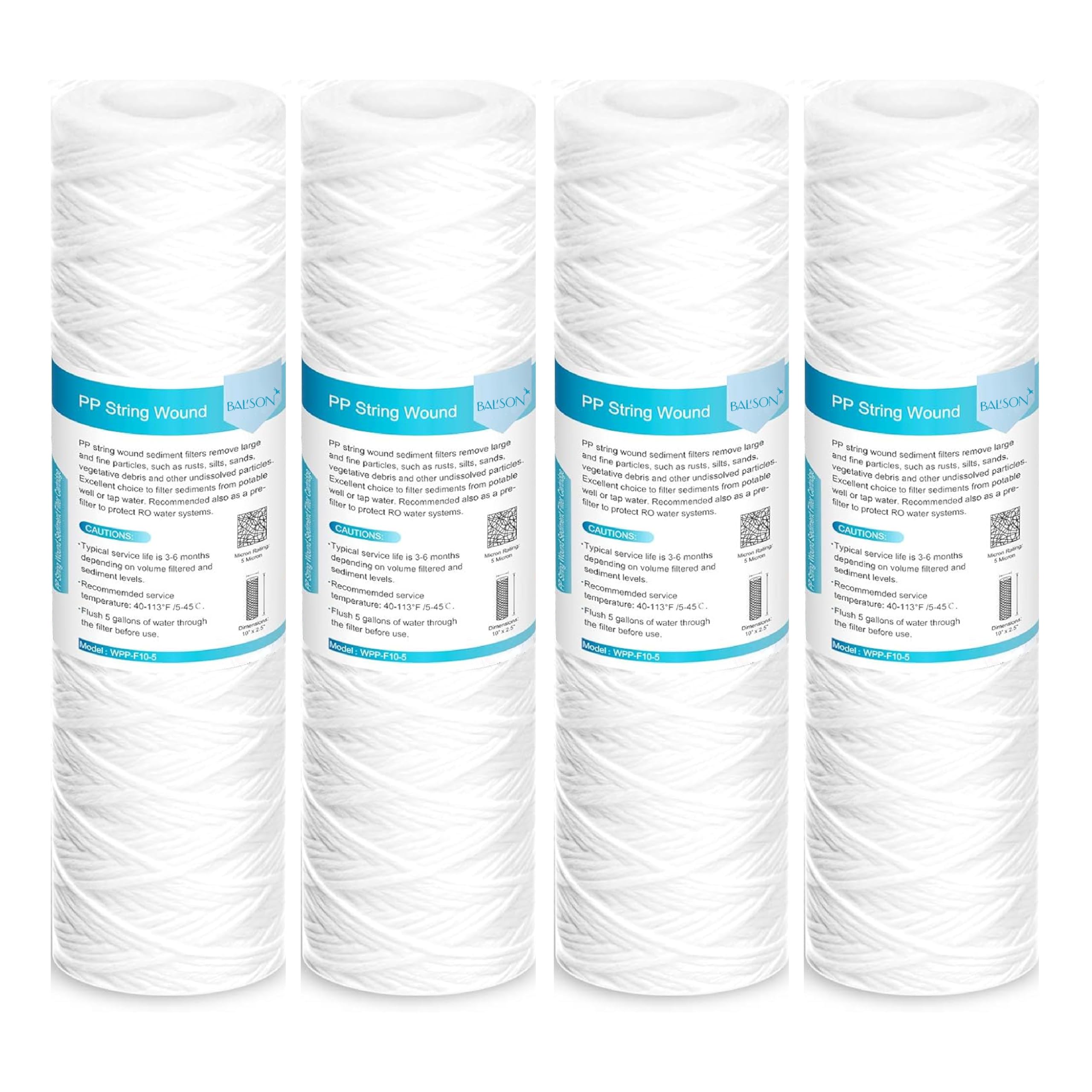 BALSON 10 Inch PP Spun Filter for Water Purifier High Density Thick Wound Thread Sediment Filter Pre Filter Cartridge 5 Micron for 10 Inch Prefilter Housing of All ro Water Purifier | Pack of 4 Spun