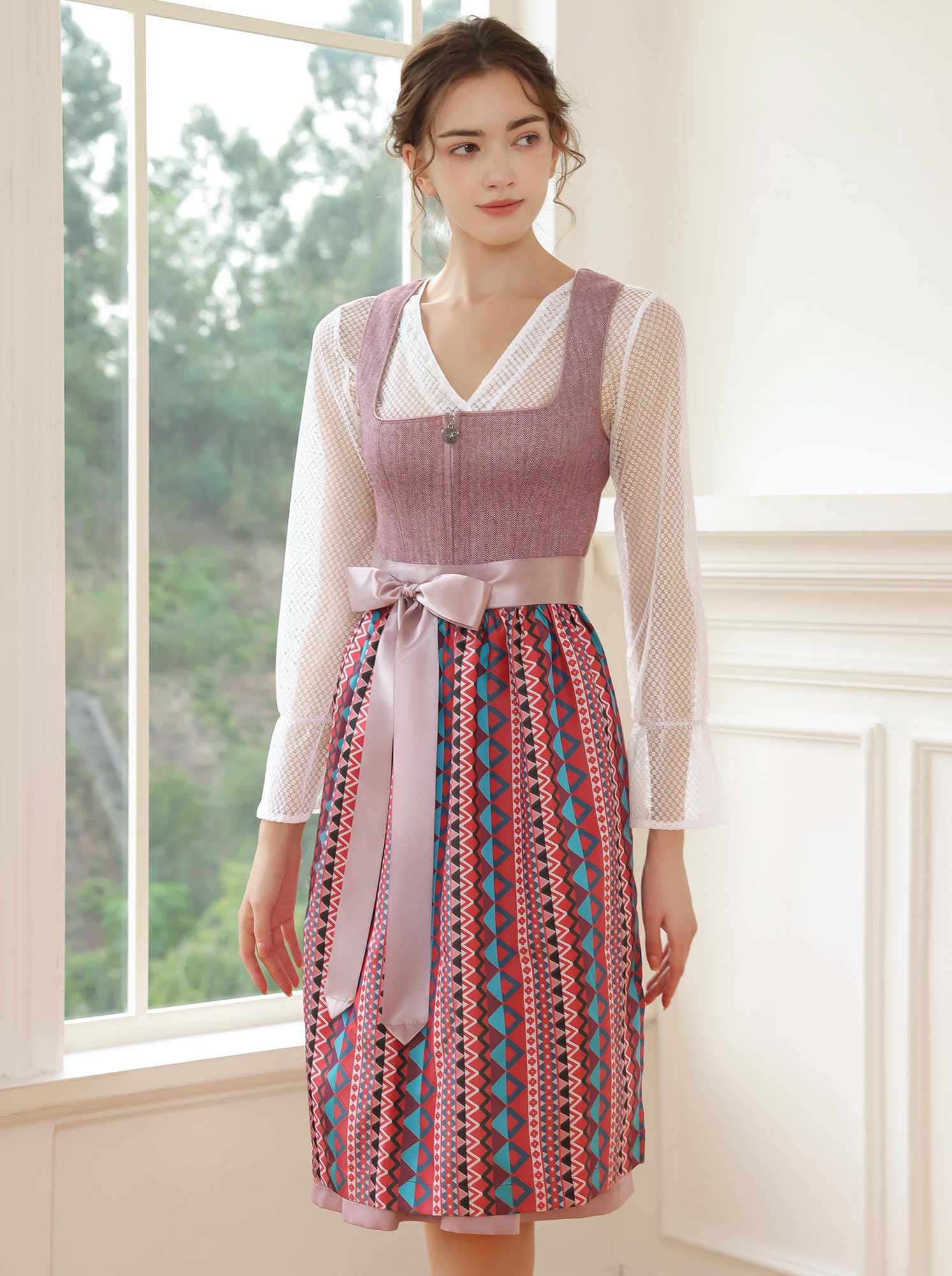 EIISSION Dirndl Damen midi Lang Dirndl Trachtenkleid Trachtenrock Dirndl-Komplettsets Trachtenmode Trachten Damen mit 3 Teilig Dirndl Schürze Dirndlbluse Oktoberfest Dresses Dirndlkleid