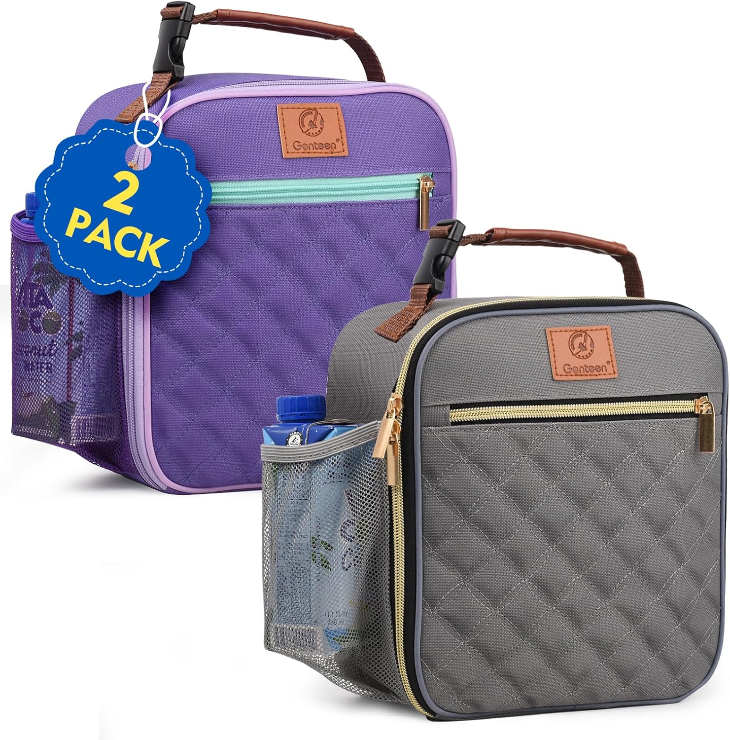 Genteen Lunch Bag for Women Men Girls Teens Insulated Leakproof LunchBox for Adult Reusable Lunch Box with Bottle Holder for Work Office School Travel Picnic-Purple/Gray