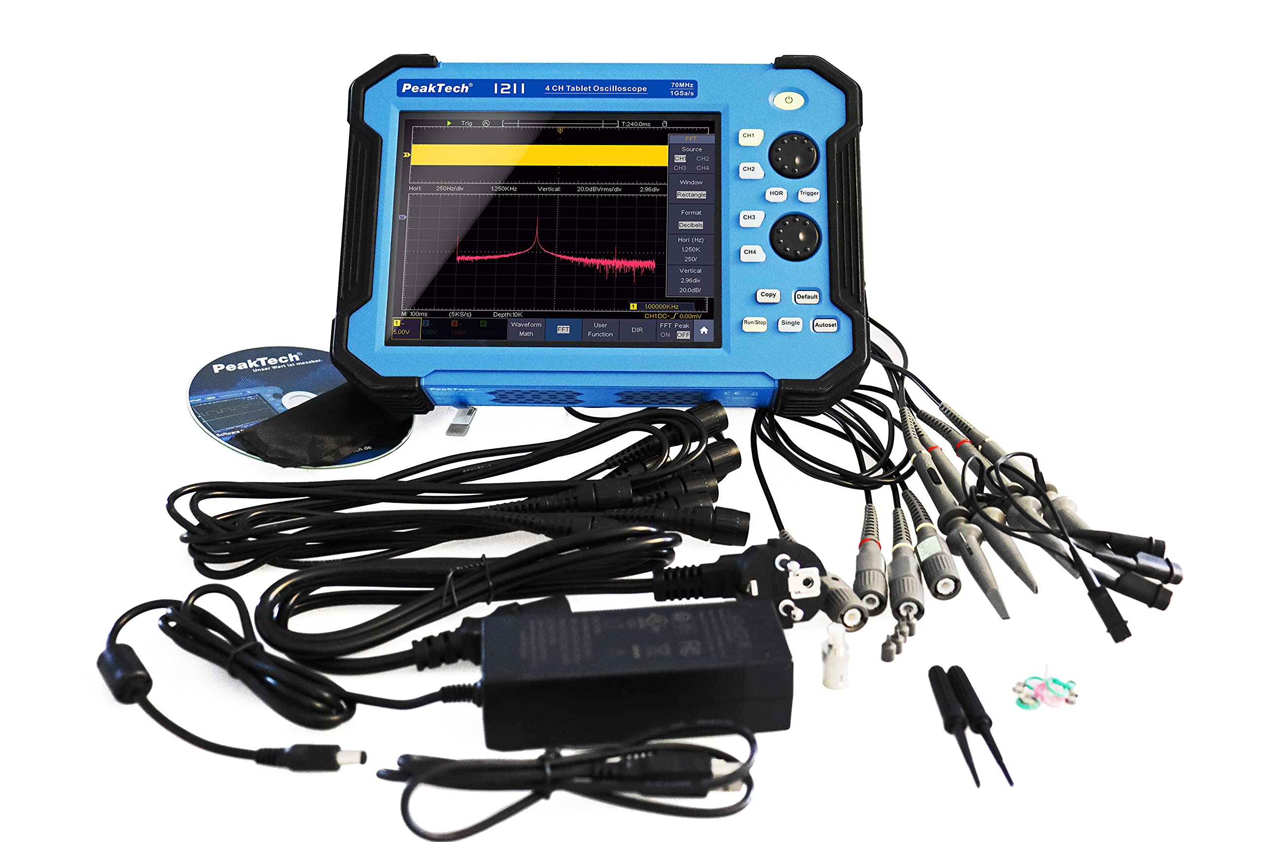 PeakTech P 1206 – 2-Kanal Tablet-Oszilloskop, 70 MHz, 1 GS/s, 8-Zoll Touchscreen, 400 V CAT II – Mit 8000 MAh Akku & 40.000.000 Punkte Speicher