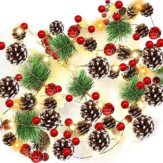 [ 2 Pack + Timer ] Christmas Pinecone Lights Total 14 Ft 40 LED Red Berry Pine Cone Garland with Lights Battery Operated Xmas Fairy String Lights Home Indoor Christmas Decorations, 7 Ft 20 LED Each