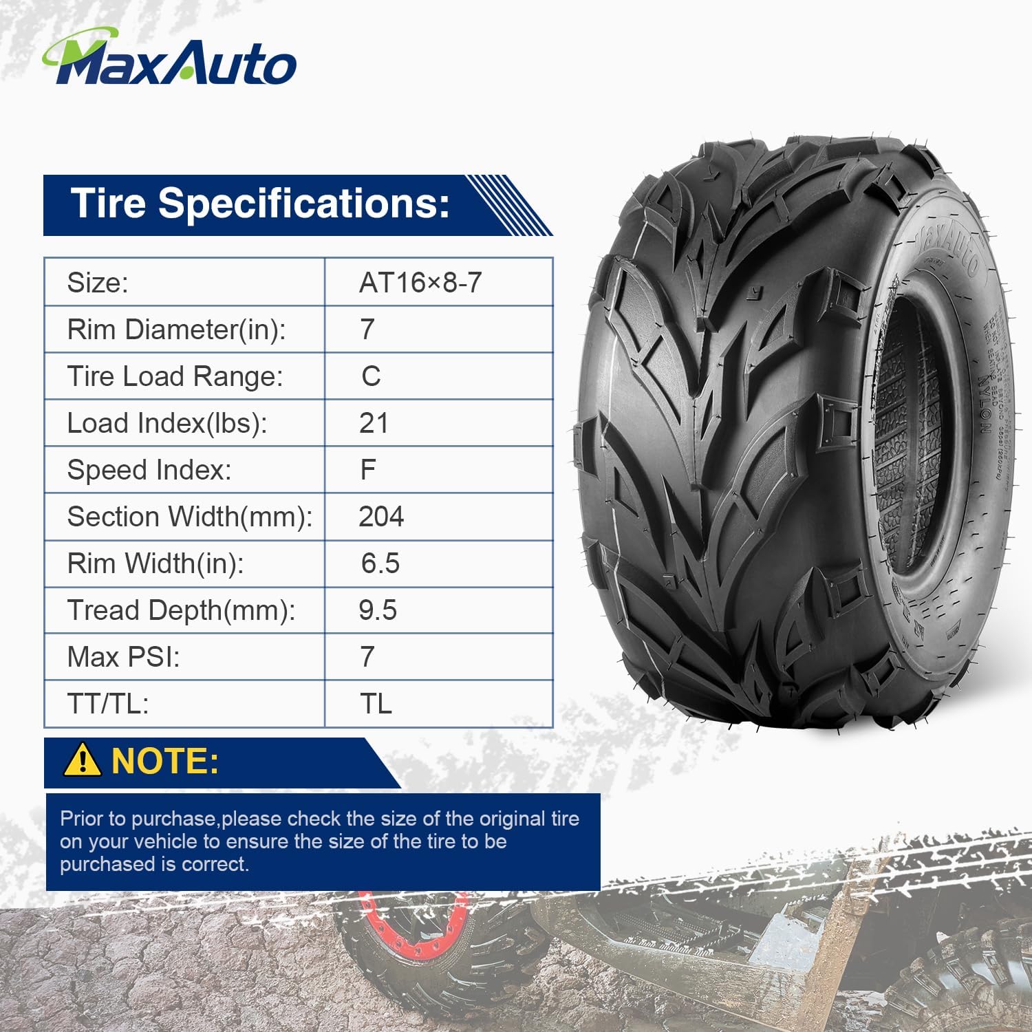 MaxAuto 16x8-7 ATV Tires 16x8x7 Go-Kart Quad Tires,6 PR Tubeless All Terrain UTV Tire, 2 Pack