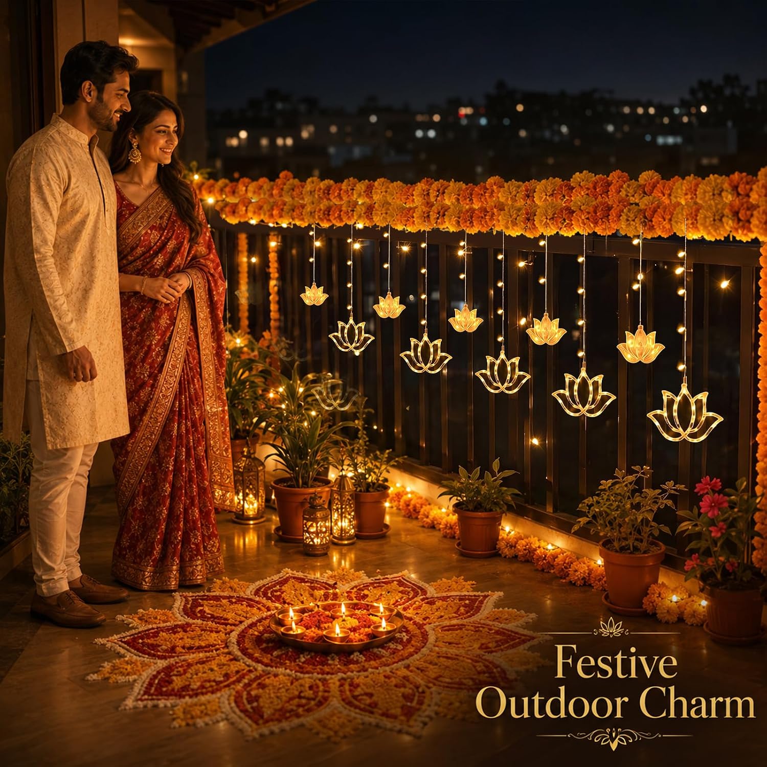 VIHOSE Diwali Lotus Curtain Lights 9.84 FT 120 LEDs Indian Hanging String Lights Diwali Decorations for Home Battery Powered Warm White Lighted Lotus Indoor Outdoor Window Wall Pooja Mandir