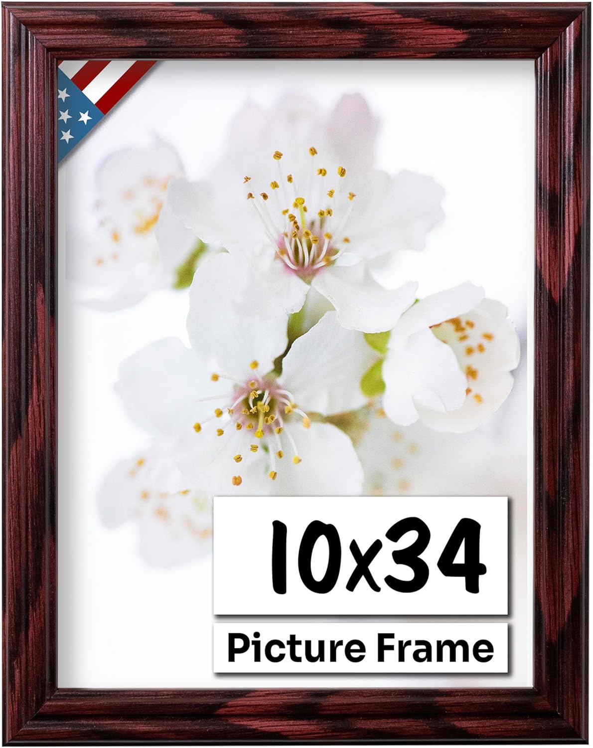 Cherry 10x34 Picture Frame .75" Inch Wide - Cherry Wall Decor Handmade Solid Wood Frames with Preinstalled Hangers and UV Blocking Plexiglass 34x10 Frame