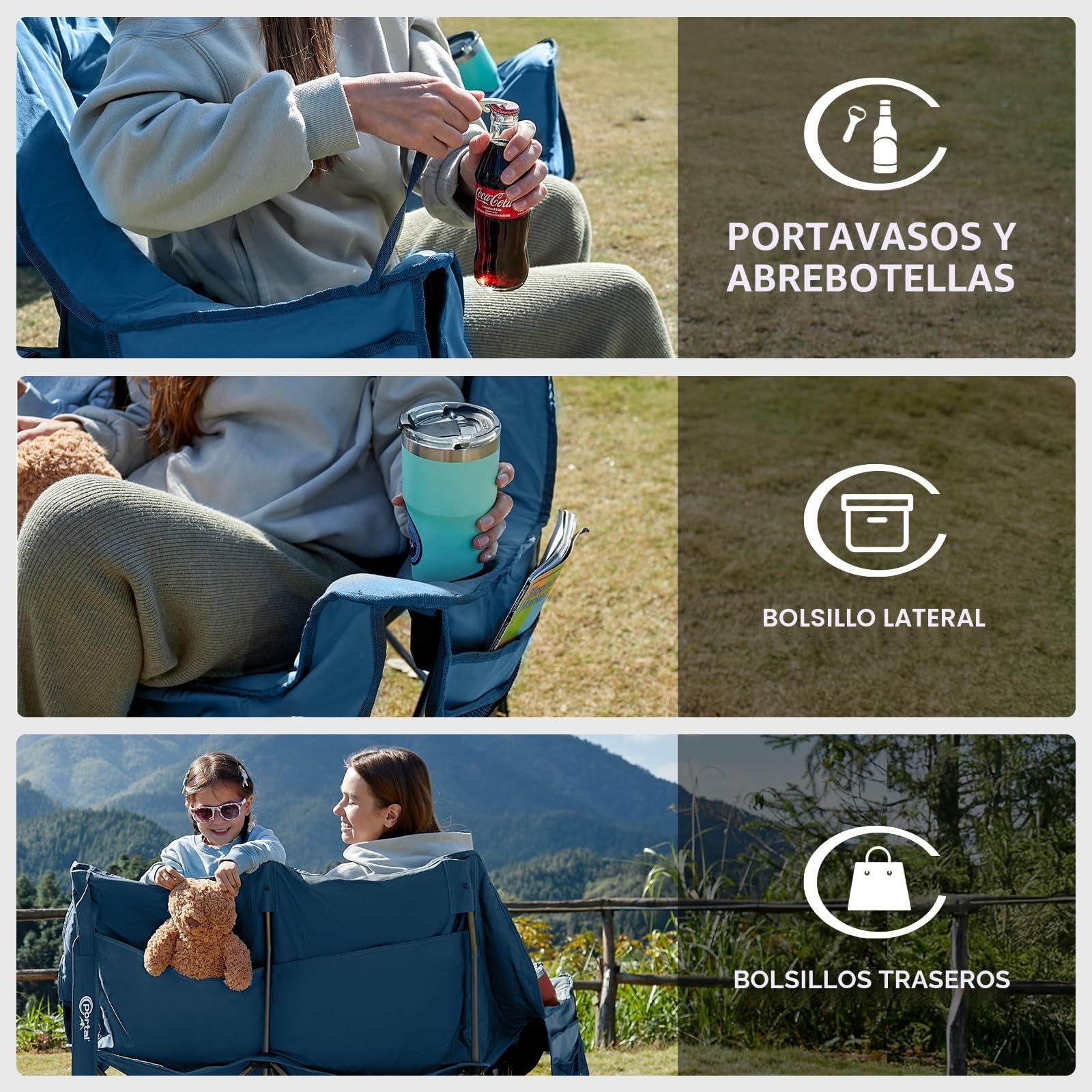 Portal Silla de camping plegable para 2 personas, soporta 272 kg, muy suave, con bolsa de almacenamiento, silla plegable doble, sofá plegable, acolchado grueso, respaldo alto para exterior, jardín