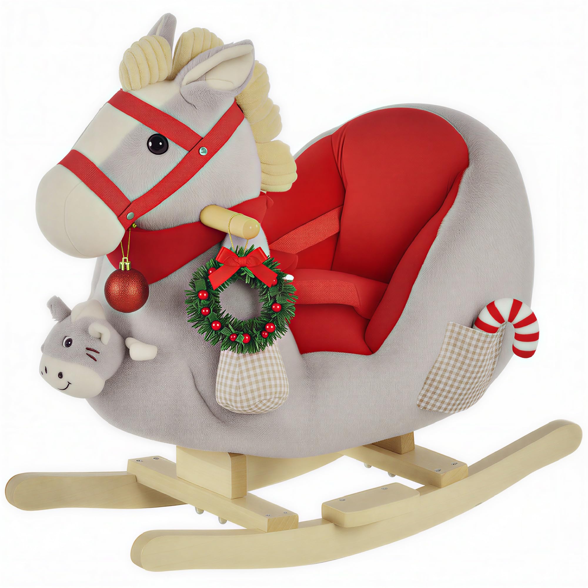 Qaba Kids Ride-On Rocking Horse Toy, Rocker with Lullaby Song, Hand Puppets & Soft Plush Fabric for Children 18-36 Months, Gray