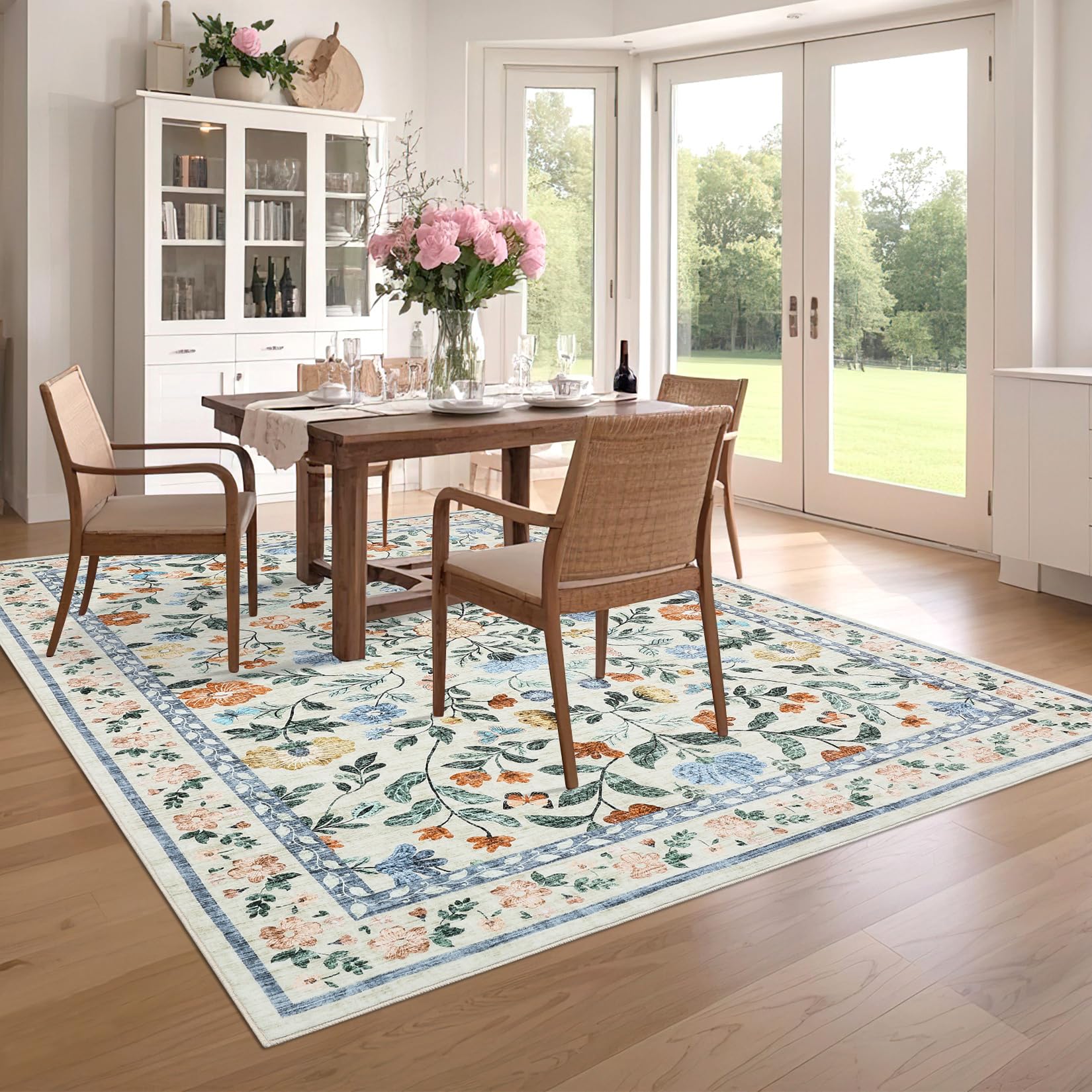 CAROMIO Washable Floral Rug 140x200 cm Low Pile Non-Slip Living Room Green