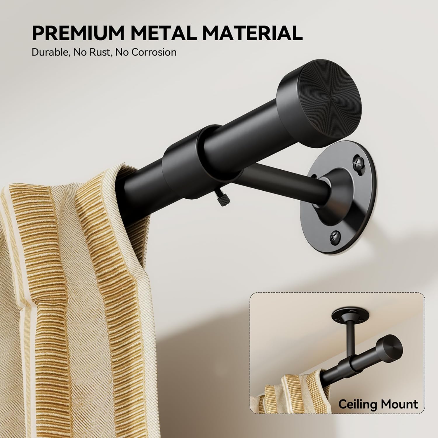 YaFex Heavy Duty Curtain Rods 32-150 Inch, 1 Inch Adjustable Black Curtain Rod for Windows, Extra Long Window Treatment Rods with Aluminium Finials, Easy Installation 32" to 150" Black