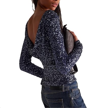 Women Long Sleeve Sequin Crop Tops Back Cowl Neck Sparkly Shirts Club Party Night Glitter Top