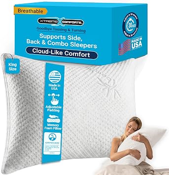 Xtreme Comforts Pillows for Sleeping - Adjustable King Memory Foam Pillow for Side, Back & Stomach Sleepers w/Removable Cooling Zipper Cover - Made in The USA