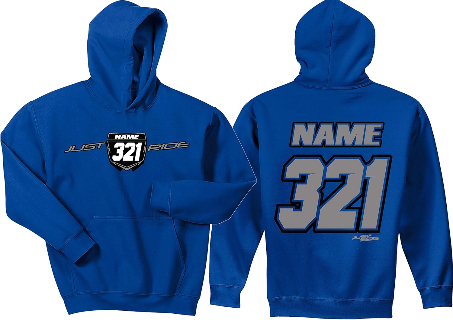 JUST RIDE Motocross Number Plate Custom Personalized Hoodie Sweat Shirt Royal Blue YZ
