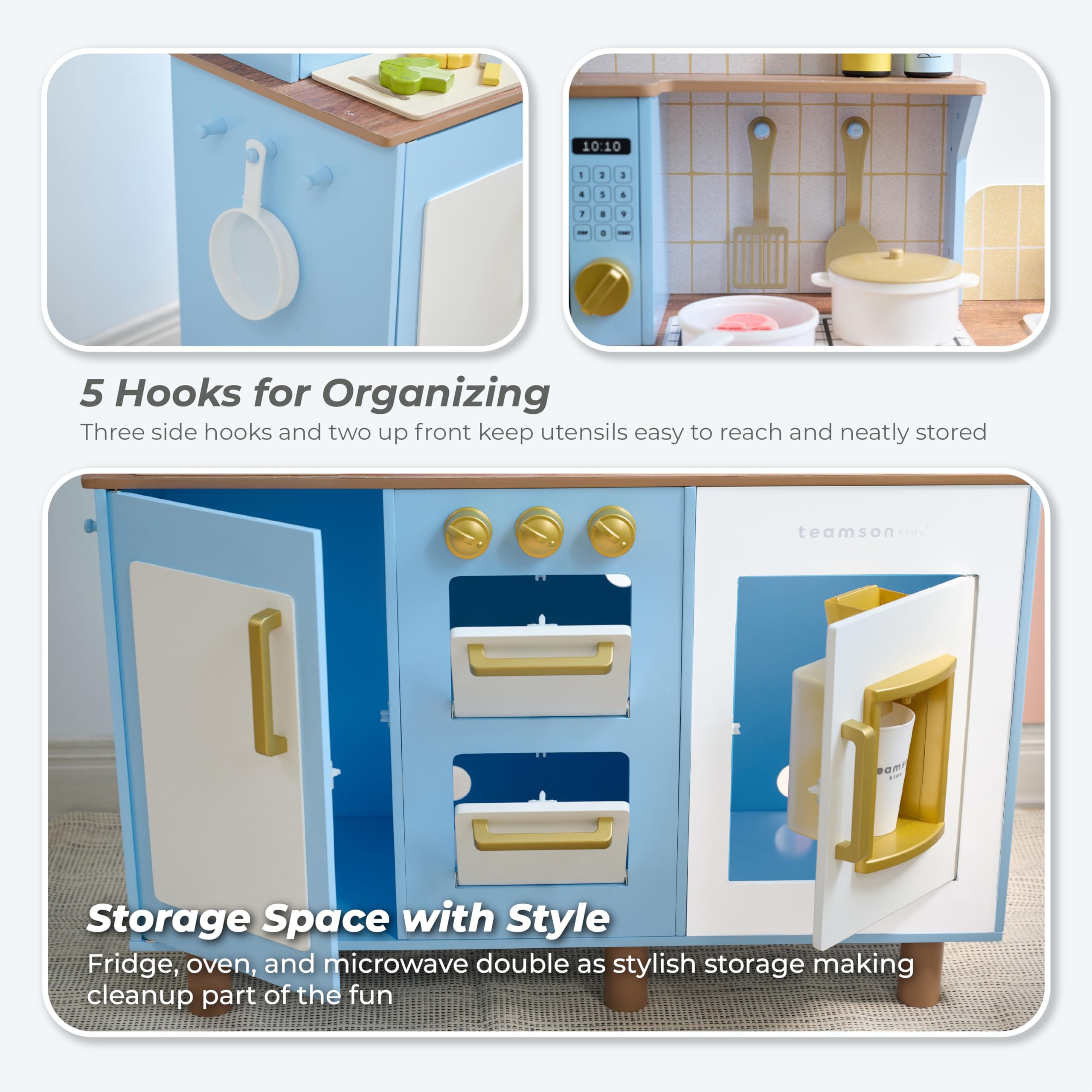 Teamson Kids Little Chef Hampton - Set da cucina in legno con erogatore di ghiaccio, lavandino, manopole per piano cottura, contenitore e 17 accessori inclusi per i più piccoli