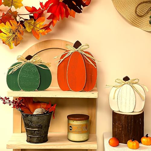 Miniatura 7 de Ferraycle 3 letreros de madera de otoño con diseño de calabaza, decoración de mesa de calabaza 3D, decoración rústica de bandeja escalonada, centros