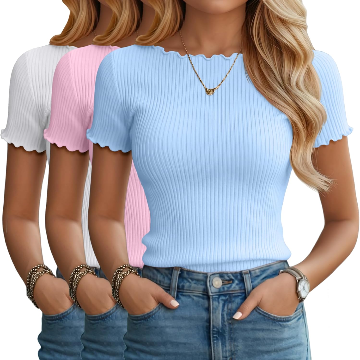 Riyiper 3 Pack Women's Boat Neck Ribbed Tops Lettuce Trim Short Sleeve Lightweight T-Shirts Crop Fitted Basic Tees Shirt