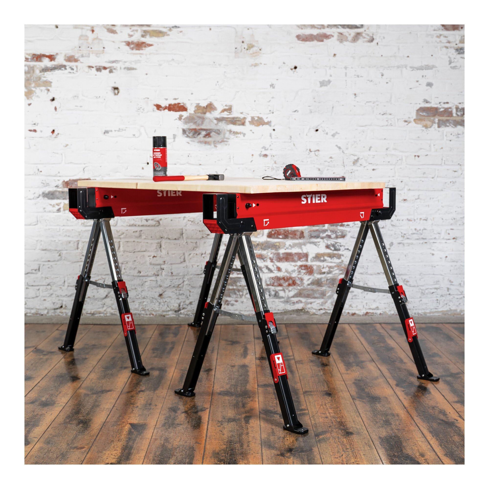 2 x Tréteau repliable/chevalet de sciage STIER réglable en hauteur, 590 kg