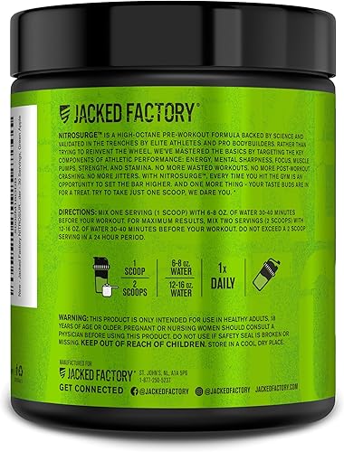 Miniatura 39 de Jacked Factory - Suplemento preentrenamiento Nitrosurge - Energía, aumento de la fuerza, concentración clara, bombeo intenso - Polvo energético