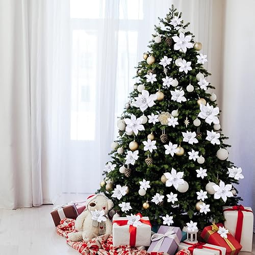 Miniatura 6 de Geosar 100 Pcs 3 Size Christmas Poinsettia Glitter Artificial Flowers Small Christmas Tree Ornaments Faux Flowers Decoration for Xmas Party DIY