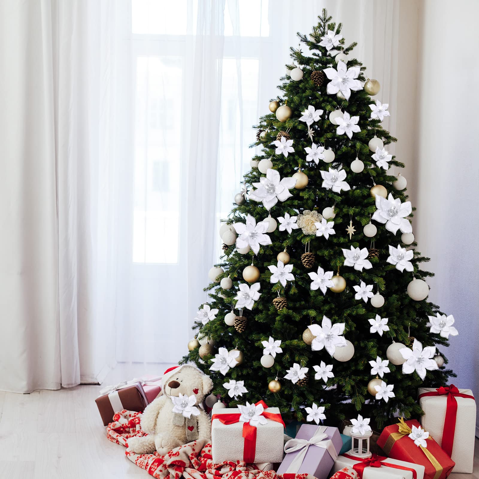 Geosar 100 Pcs Poinsettia à Paillettes de Noël de 3 Tailles Fausses Fleurs de Mariage Ornements de Décoration de Fleurs de Noël pour Décor Extérieur Maison Nouvel an Arbre de Noël (Blanc)