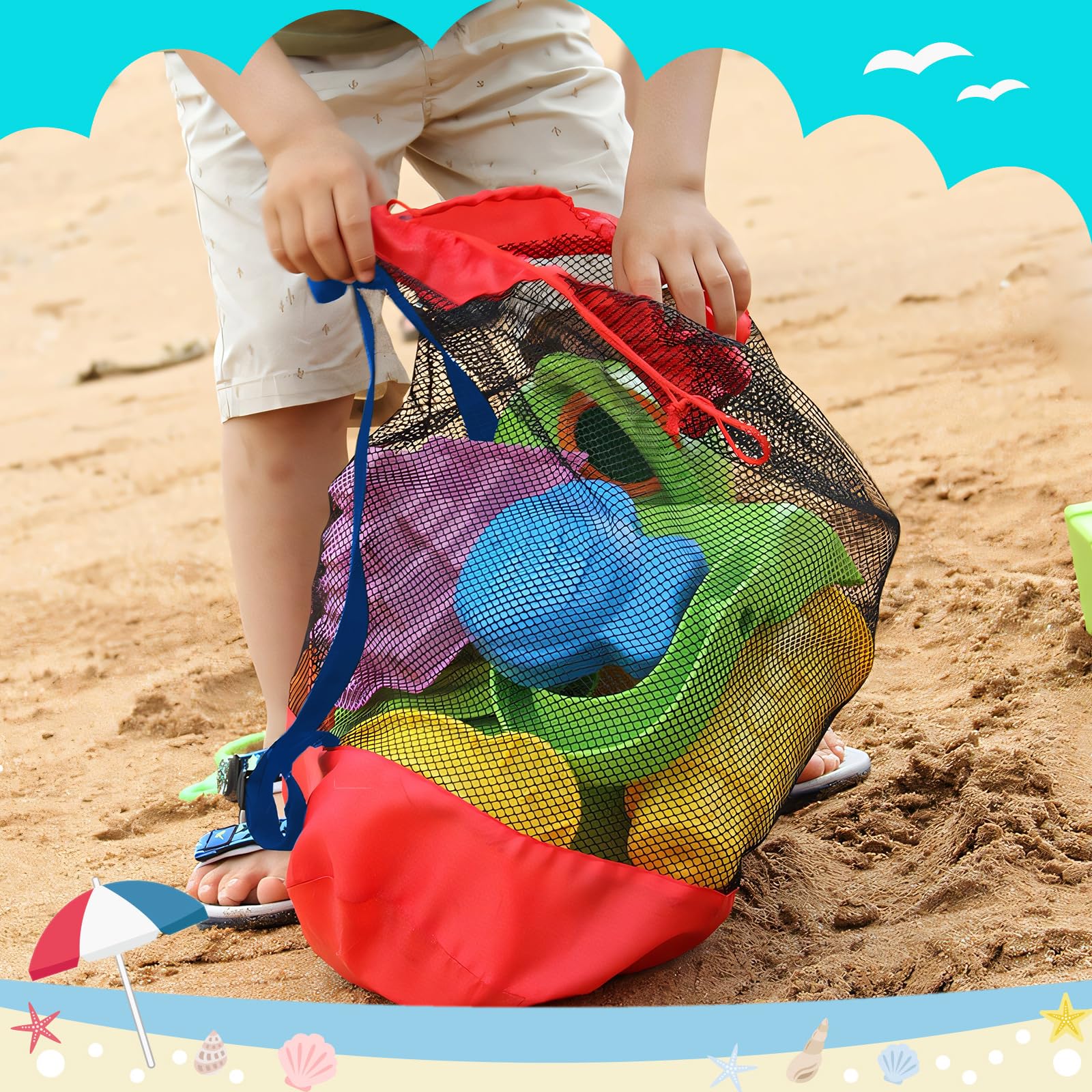 4PCS Mesh Beach Bag Large, Durable Sand Away Drawstring Beach Backpack, Toys Balls Storage Bags Packs for Pool,Beach, Shell Collecting Beach Bags for Kids