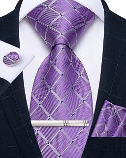 Mens Silk Tie Set Stripe Plaid Necktie Pocket Square Cufflinks and Tie Clip Set for Business Wedding Party