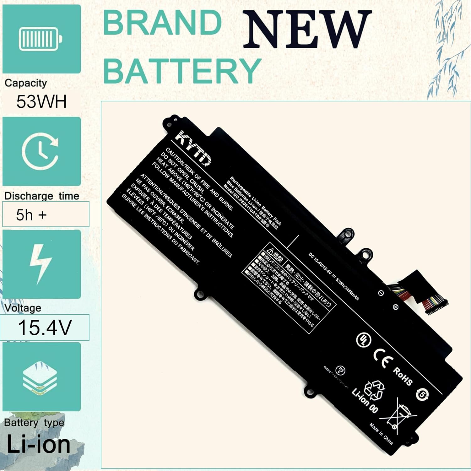 PS0011UA1BRS Laptop Battery compatiable with for Toshiba Dynabook Portege X30L-J PCR10A-009003 PCR10L-13L011 PCR10T-04N00X PCR12U Series Compatible Part Number PS0011UA1BRS （53Wh-15.4V