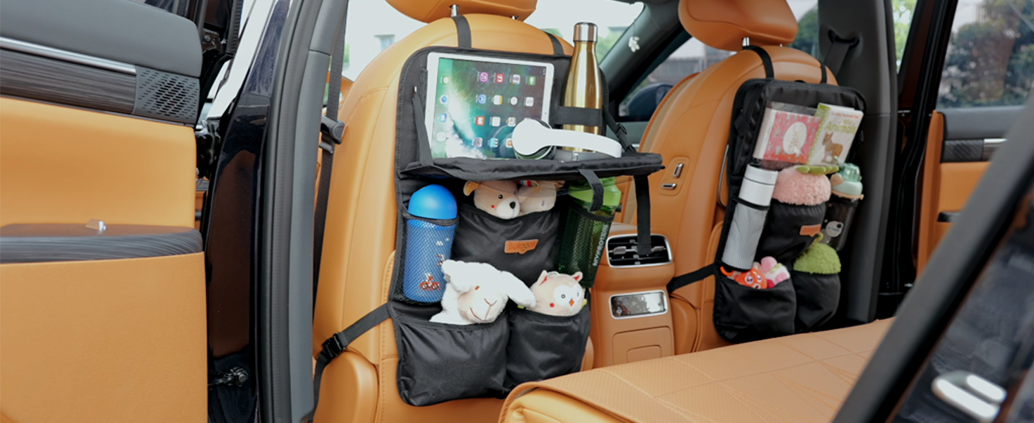 Car Seat Organizer Back Seat With 10" Tablet Holder Adjustable Straps 9 Storage Pockets Kick Mats Car Seat Back Protectors Great Travel Accessories For Kids And Toddlers 2 Pack + 2