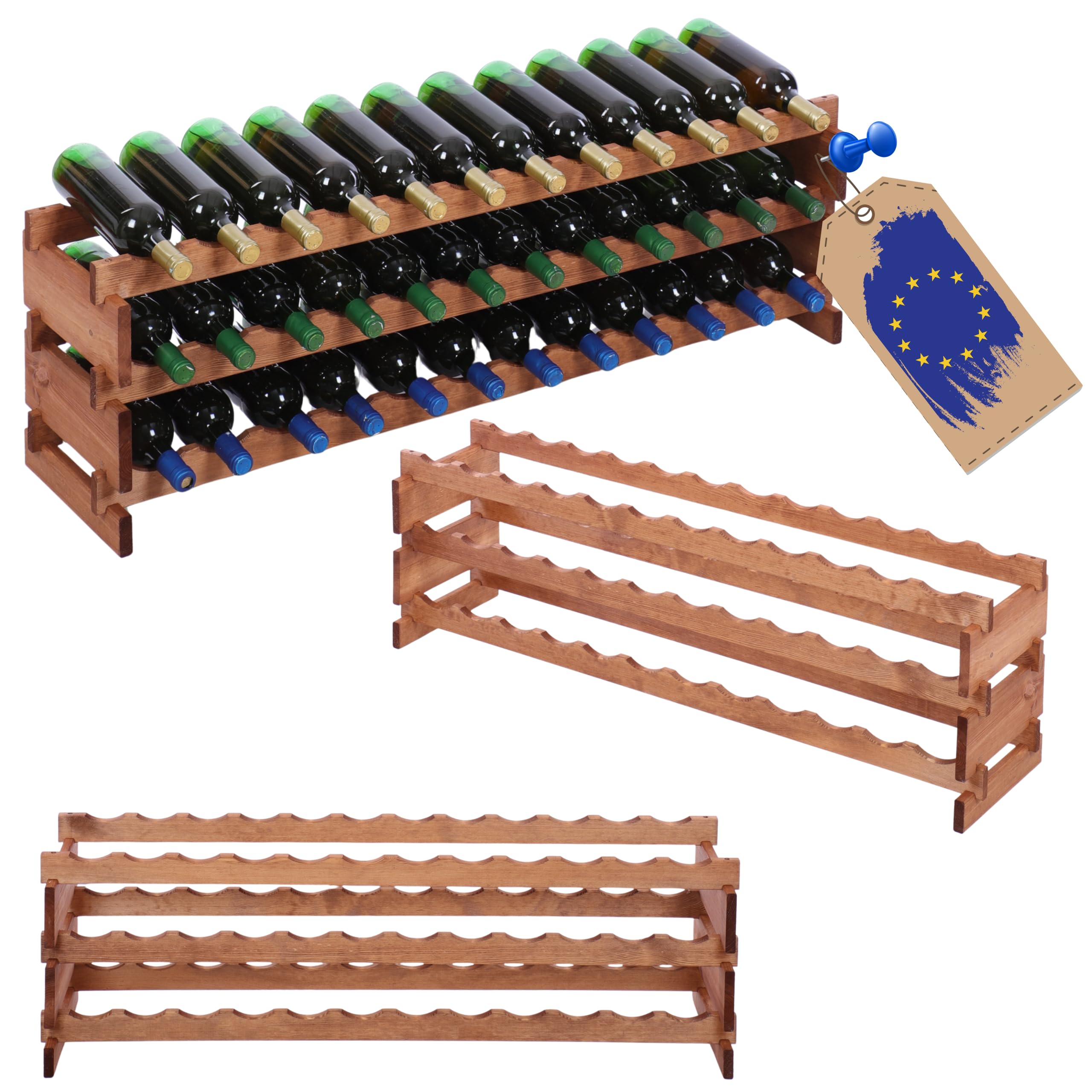 Weinregal, Holzregal, Modulares Weinständer, Weinhalter, Flaschenständer, Flaschenregal, Modernes Getränkeregal, Weinschrank, Weinregal für 36 Flaschen, Abmessungen 37x122,4x28 cm, Farbe: Braun