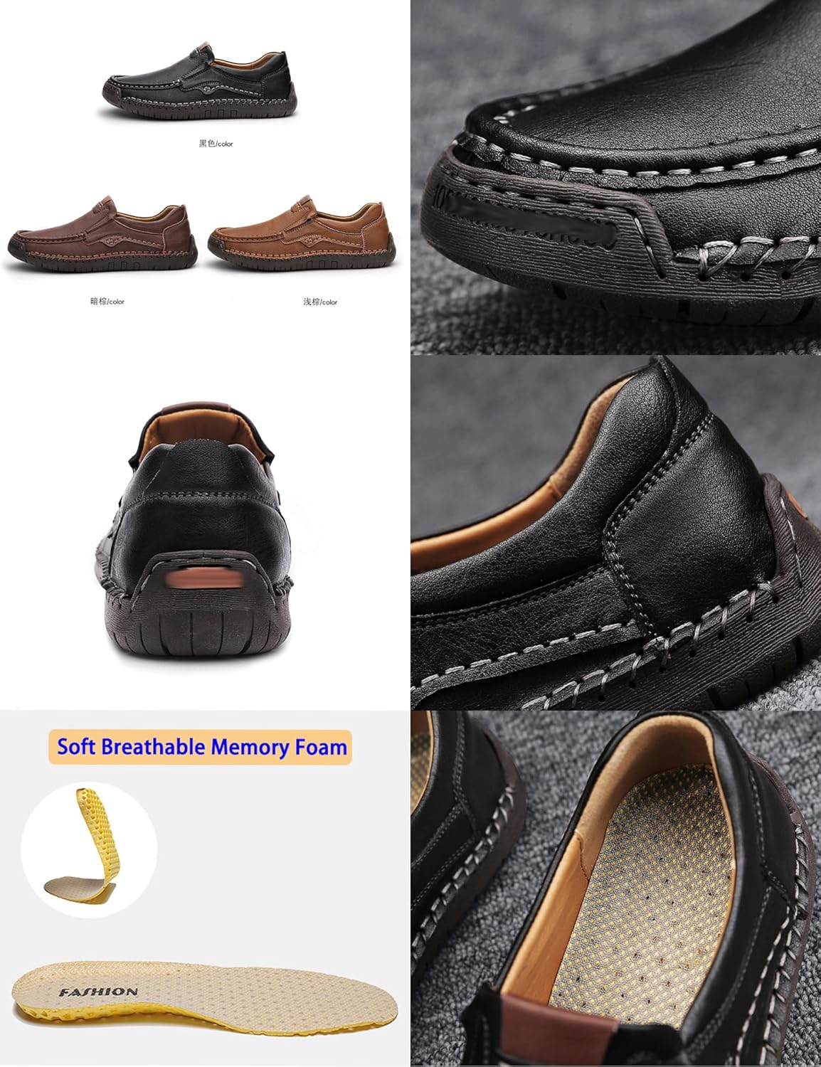 Men's Leather Slip-On Driving Loafers,Vintage Comfortable Hand-Stitching Elastic Non-Slip Dress Casual Walking Shoes - Image 2