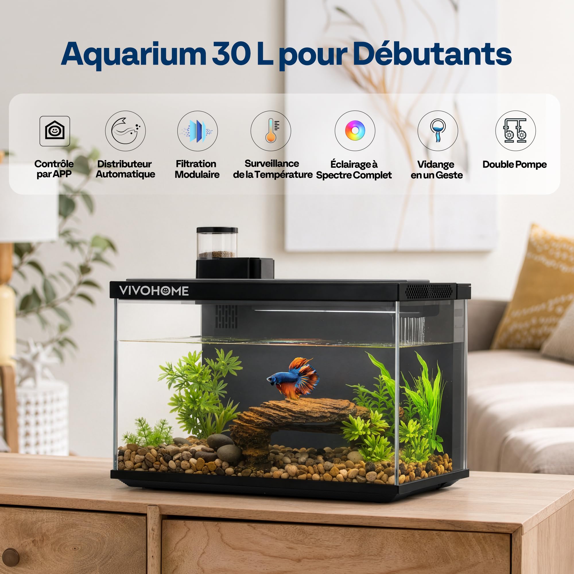 VIVOHOME 30L Aquarium Intelligent en Verre Contrôlé par App Kit Complet | Système de Filtration, Lumière LED, Pompe à Eau, Affichage Température, Auto-Nettoyant. Idéal pour Betta, Poisson, Crevettes