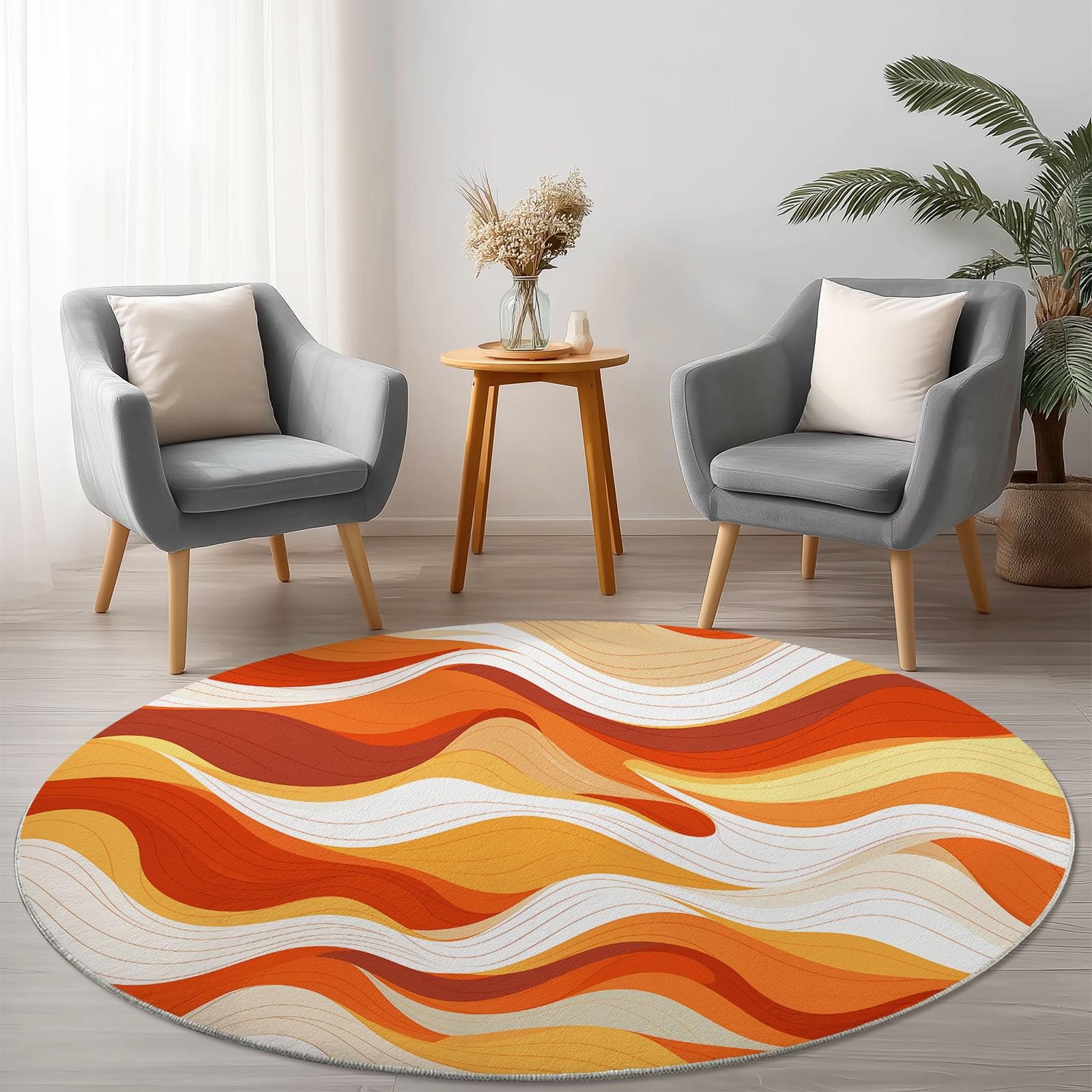 Round Rugs for Living Room, Abstract Washable Area Rugs for Bedroom, Non Slip Rug for Dining Room, Soft Low Pile Floor Carpet for Home Decor, 200 cm Orange Wavy Lines Geometric Shapes