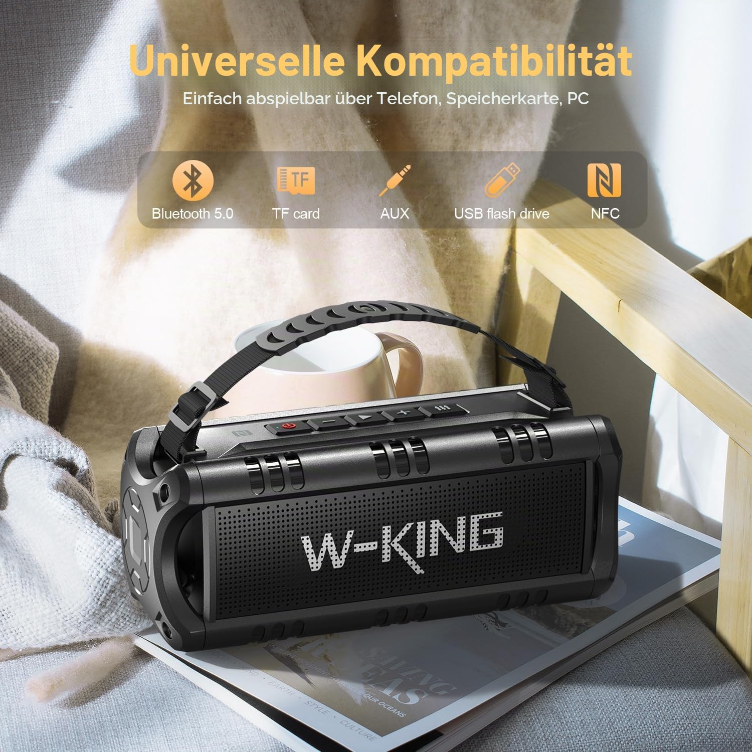 W-KING Bluetooth Lautsprecher Box (60W Peak) 30W IPX6 Outdoor Musikbox | Wasserdicht Tragbarer Party Boombox Camping Soundbox, Sattem Bass, Robust. Schwimmf. 24H, TF-Karte, USB-Wiedergabe, AUX, EQ