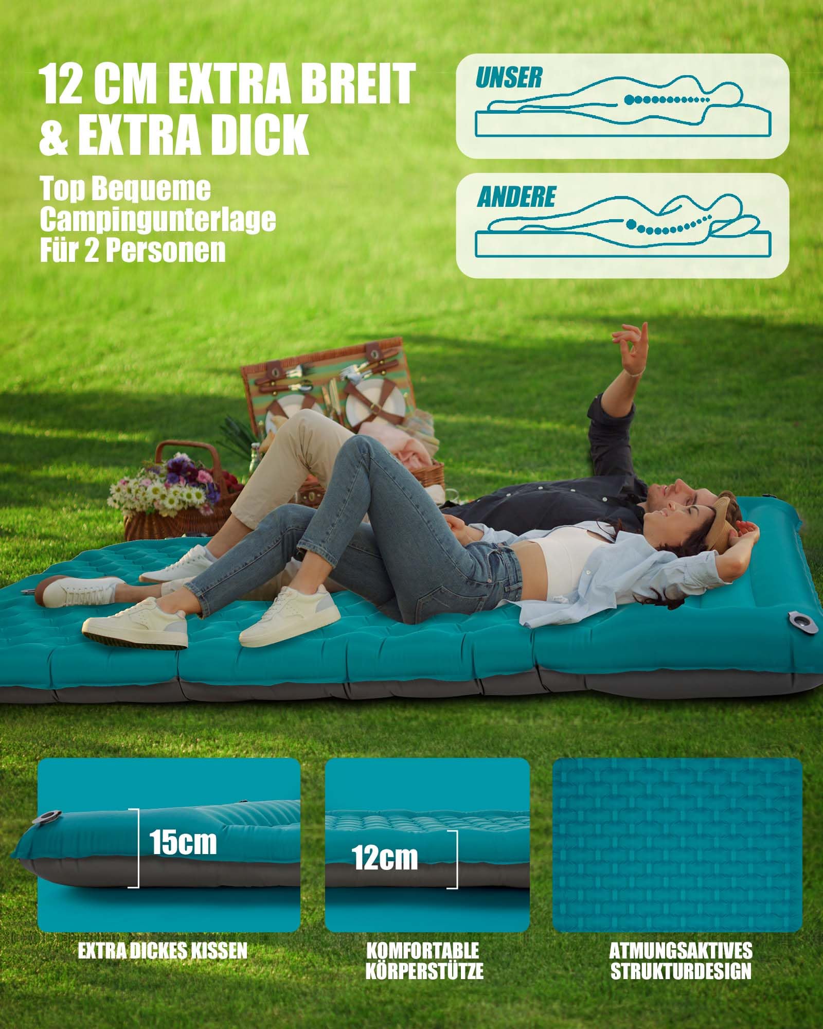 AKSOUL Double Tapis de Camping Matelas Gonflable - Portable & Léger Tapis de Couchage Autogonflant, 2 Personnesavec Matelas de Couchage Oreiller & Pompe à Pied pour Randonnée, Tente