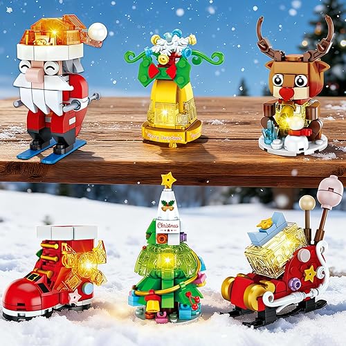 Miniatura 9 de Juego de adornos de Navidad con luz LED, 6 paquetes de botas de árbol de sants de Navidad, gingerbell reno y trineo, juguetes de construcción,