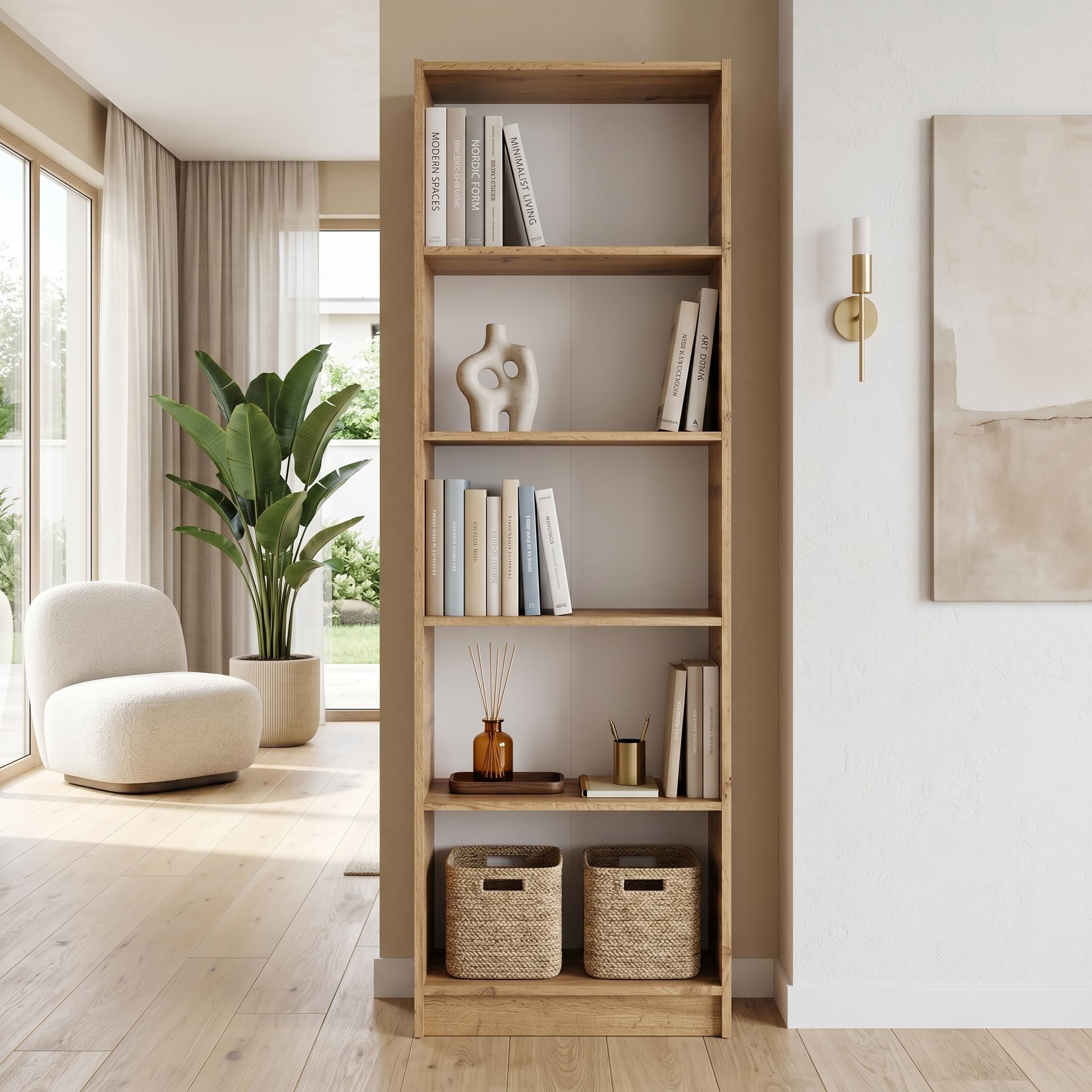 Happy Babies Libreria bianca, larghezza 60 cm, scaffale alto per raccoglitori, scaffale aperto con 5 ripiani, scaffale per raccoglitori, armadio multiuso (rovere Votan)