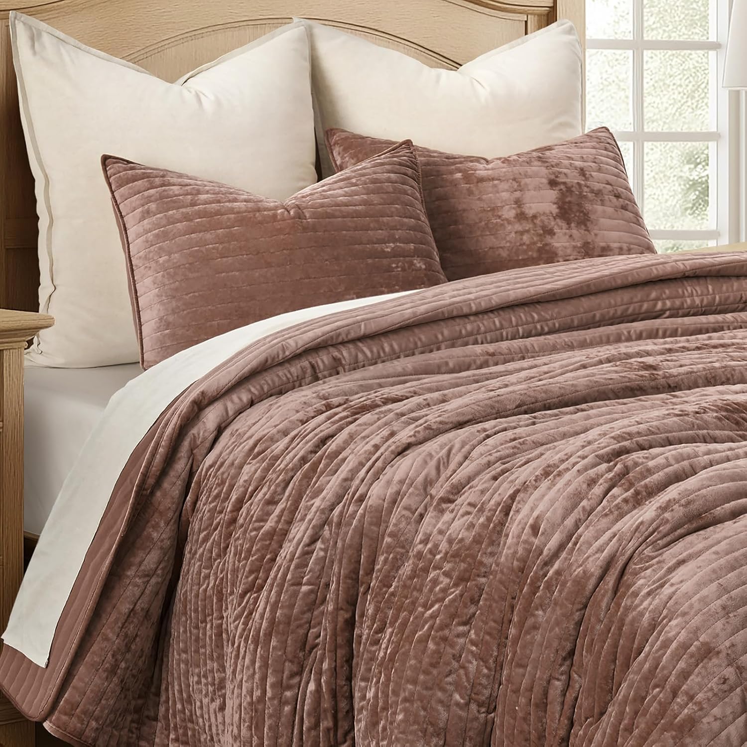 EVERGRACE Velvet Quilt Set Full Queen Size, Luxurious Soft Striped Channel Bedding Set, Lightweight Velvet Comforter for All Season, Oversized Bedspread Coverlet with 2 Matching Shams, Terracotta Clay - Image 6